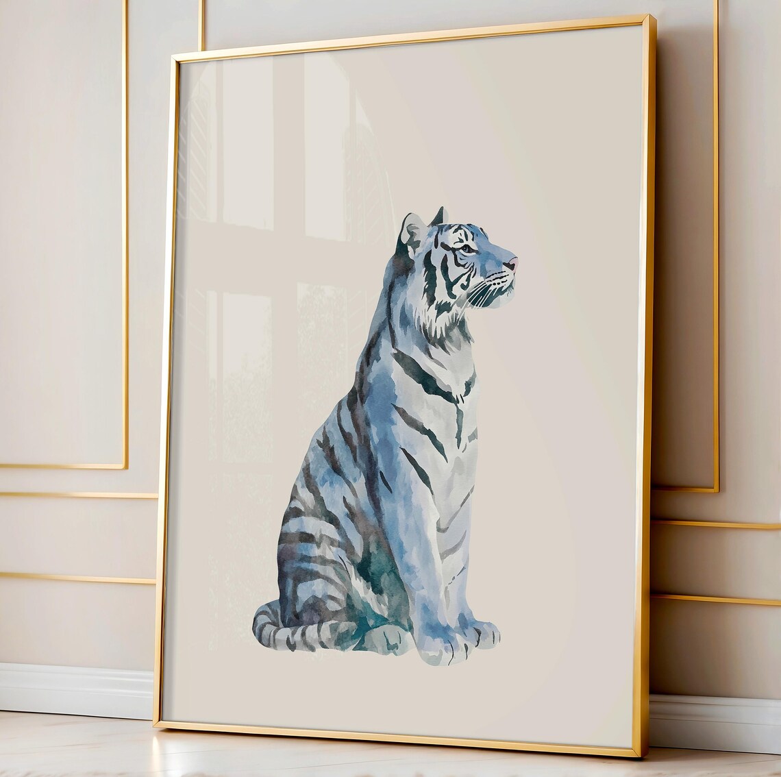 Blue Watercolor Tiger Sitting Wild Animal Minimalist Cream Background Poster