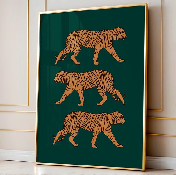 Triple Tiger Trio Orange Big Cats Dark Green Statement Poster
