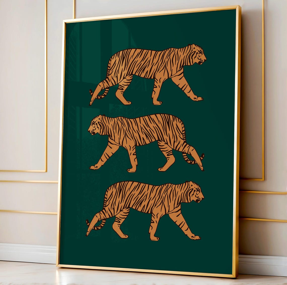 Triple Tiger Trio Orange Big Cats Dark Green Statement Poster