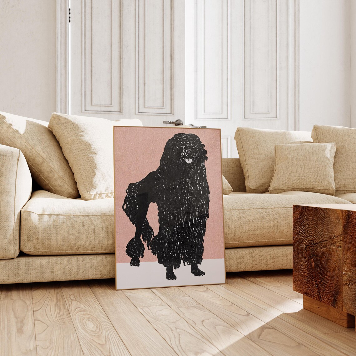 Black Poodle Silhouette Vintage Linocut Style Pink Dog Portrait Poster - Image 4
