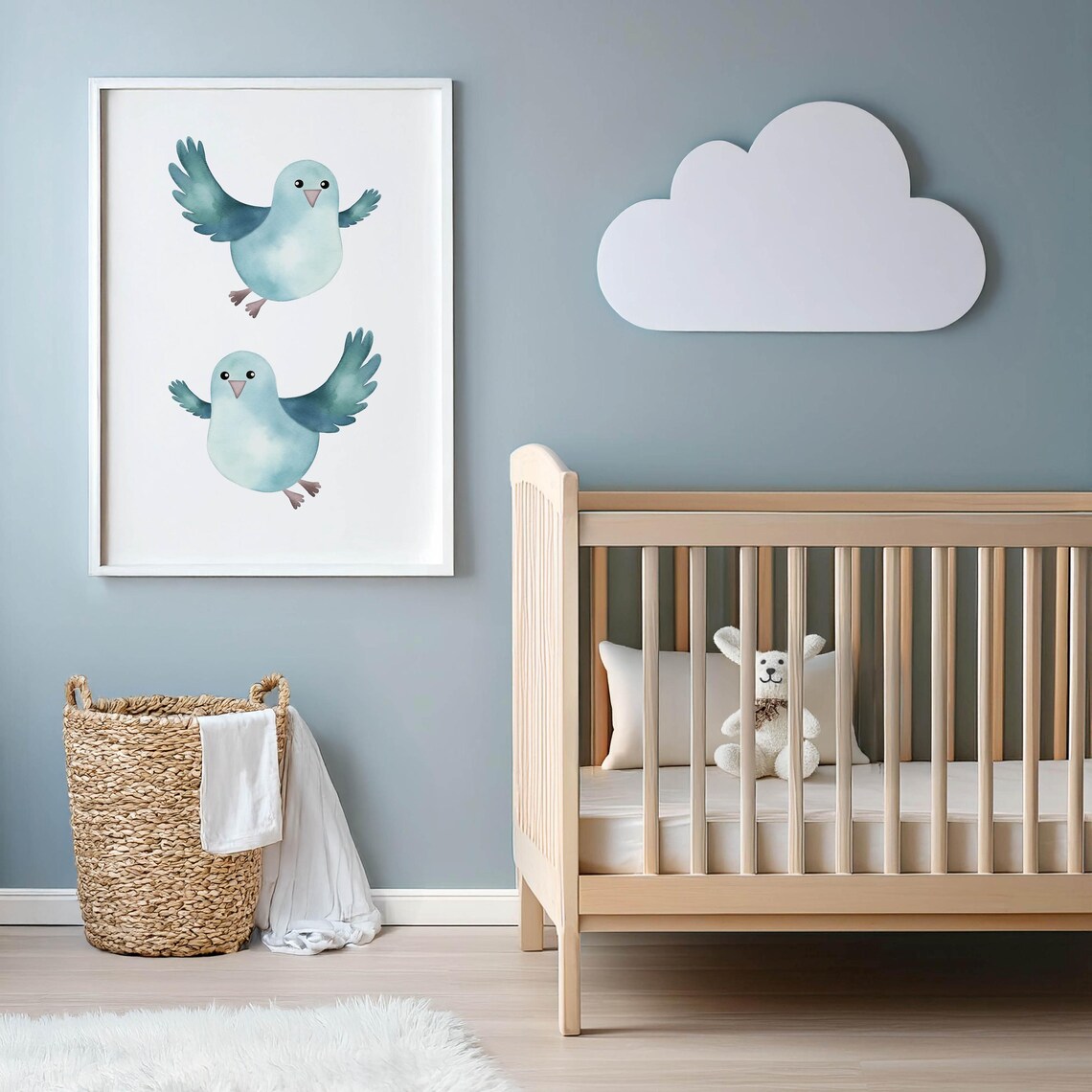 Blank Frame Mockup Nursery Crib Soft Blue Baby Room Scene Poster - Image 2