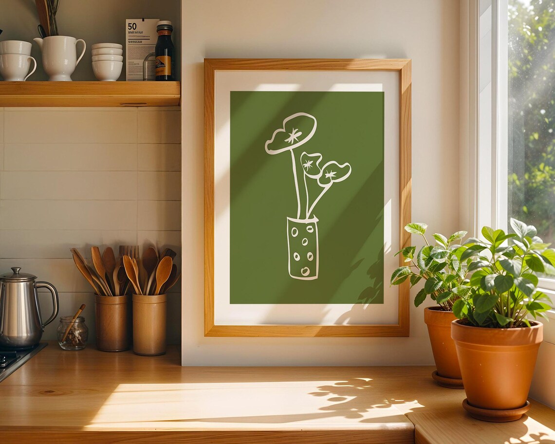 Olive Green Stripe Botanical Decor, Minimalist Prints - Image 3