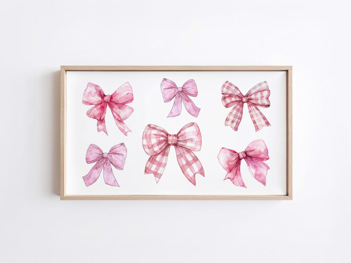Pink Watercolor Bow Set Coquette Gingham Ribbon Girly Art Poster
