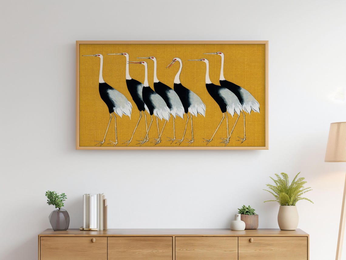 Six Red Crowned Cranes Japanese Gold Background Bird Art Print - Image 3