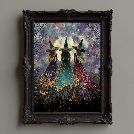 Three Witches Under the Full Moon in an Enchanted Forest Poster