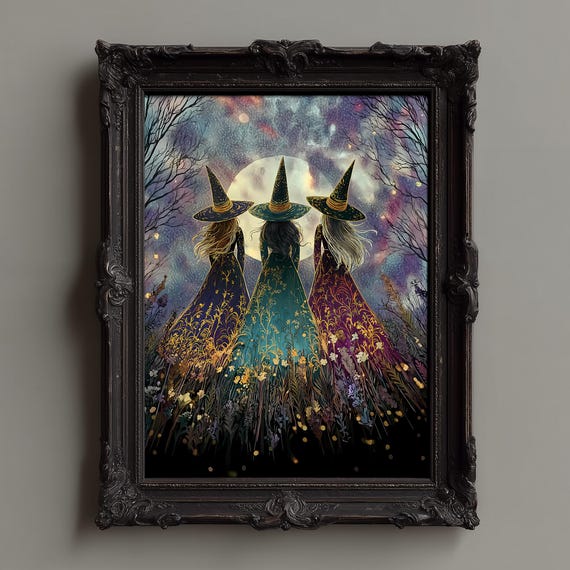 Three Witches Under The Full Moon In Wildflowers Art Print Nouveau Witchy Wall Mystical Celestial Decor