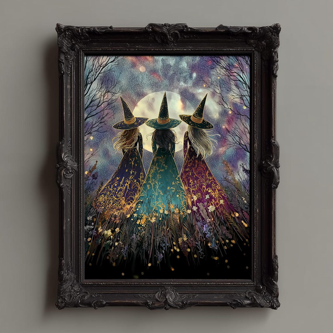 Three Witches Under the Full Moon in an Enchanted Forest Poster
