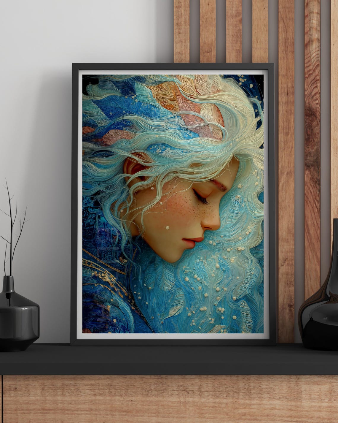 Dreamy Surreal Blue Botanical Woman Ethereal Fantasy Art Print