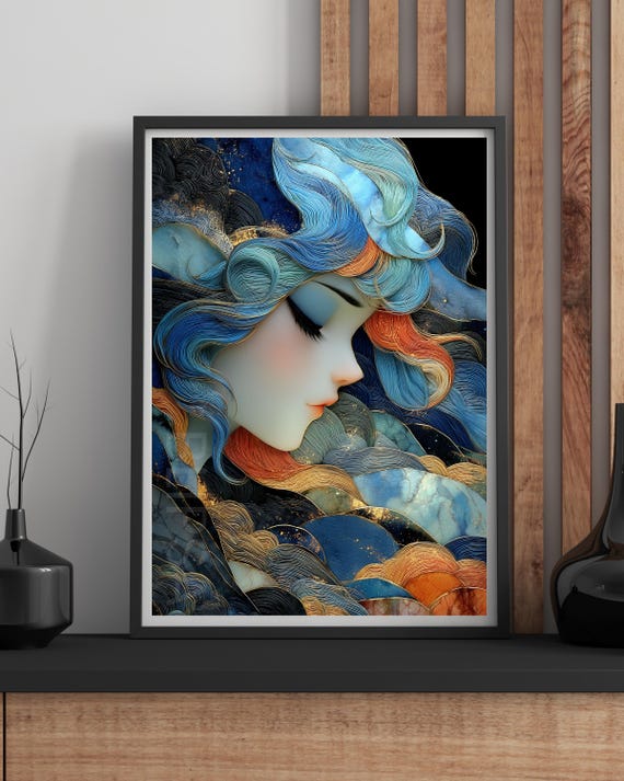 Surreal Modern Wall Art Blue And Gold Boho Print Dreamy Celestial Whimsical Fantasy Home Decor A1a5 Sizes