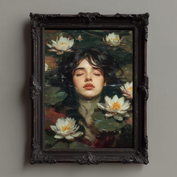 Victorian Ophelia Art Print Gothic Dark Academia Decor Antique Oil Painting Style Rustic Vintage Wall Poster For Moody Interiors