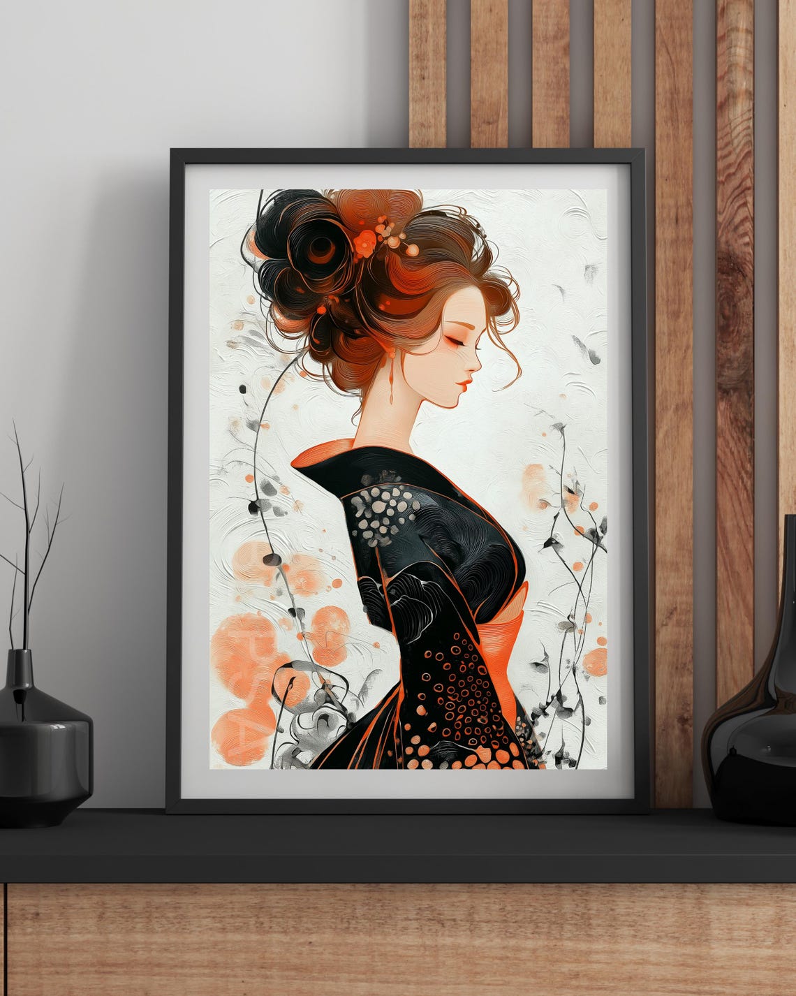 Woman in a Black Kimono Ink Wash Style Elegant Portrait Poster