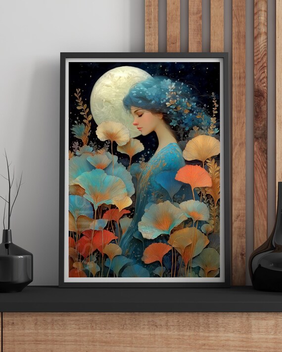 Blue Haired Moon Goddess Ginkgo Blossoms Teal Gold Art Print