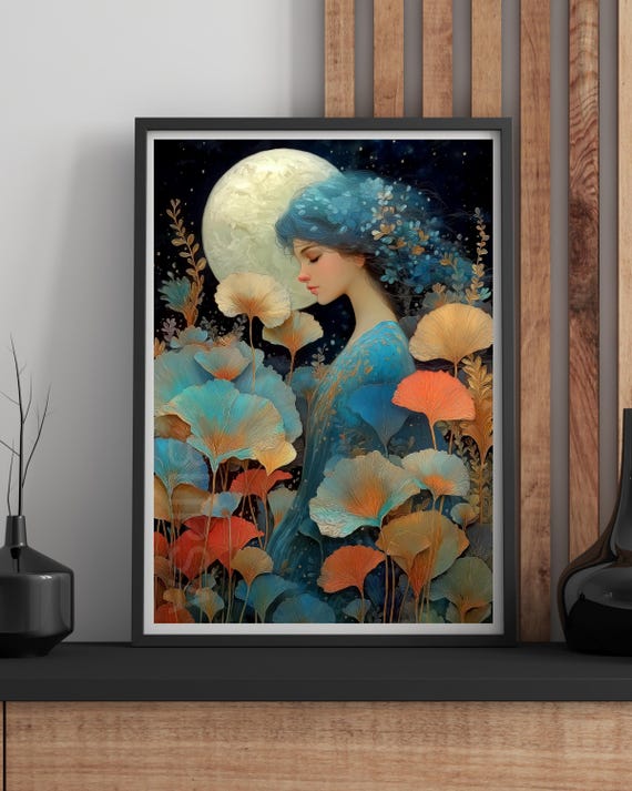 Surreal Fantasy Moon Goddess Wall Art Modern Boho Celestial Print Whimsical Floral Portrait Botanical Decor A1a5