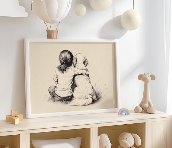 Little Girl Golden Retriever Art Sketch Nursery Dog Retro Puppy Drawing Girls Kids Room Decor 635