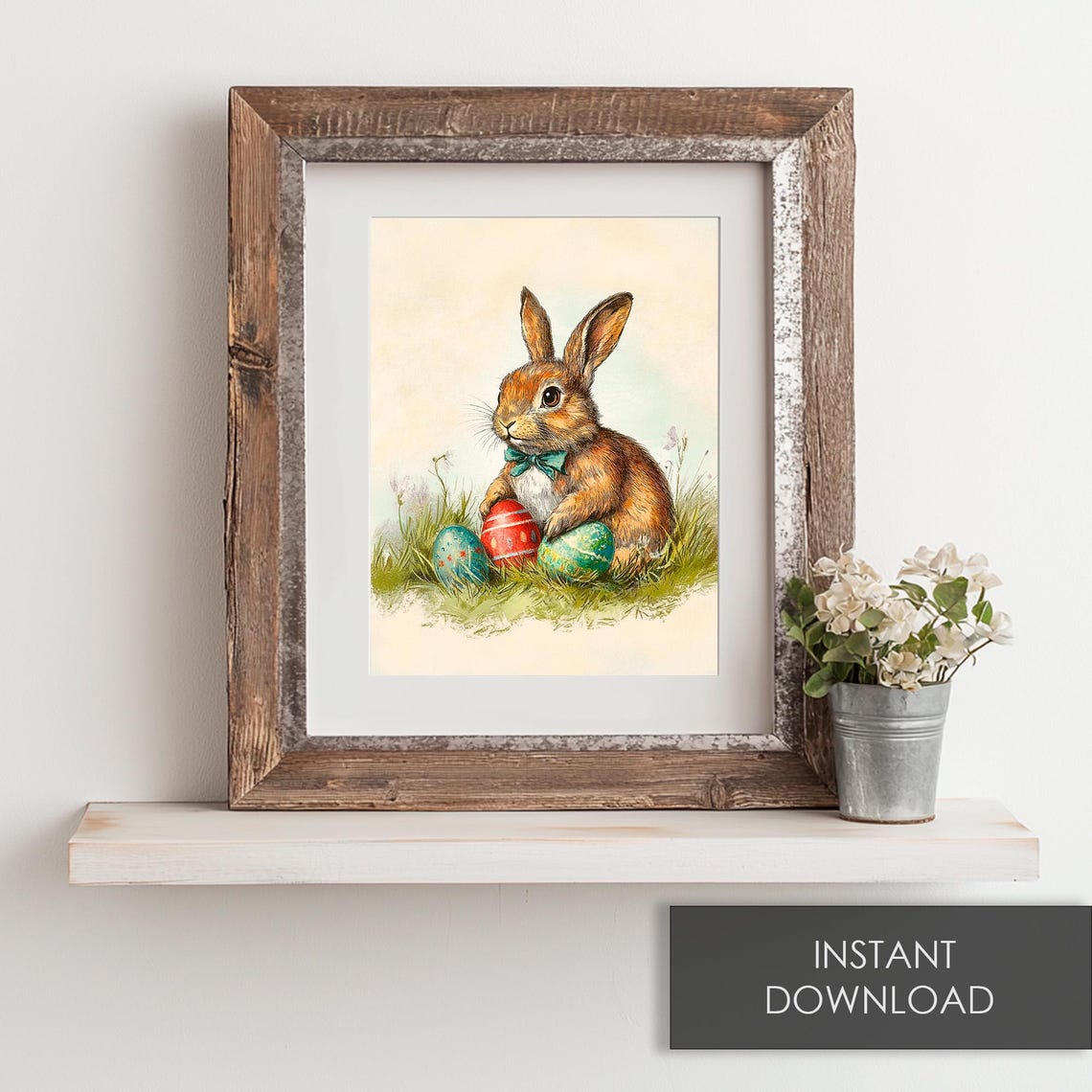 Easter Bunny With Bow Tie And Painted Eggs In Spring Grass Poster - Image 6