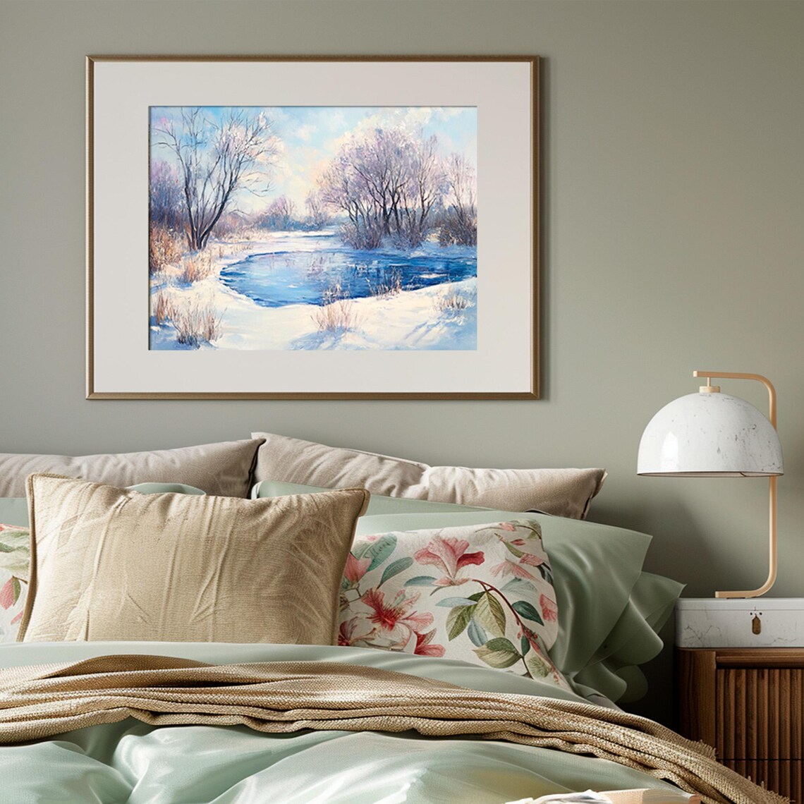 Frozen Blue Pond Snowy Banks Winter Landscape Scenic Nature Poster - Image 3