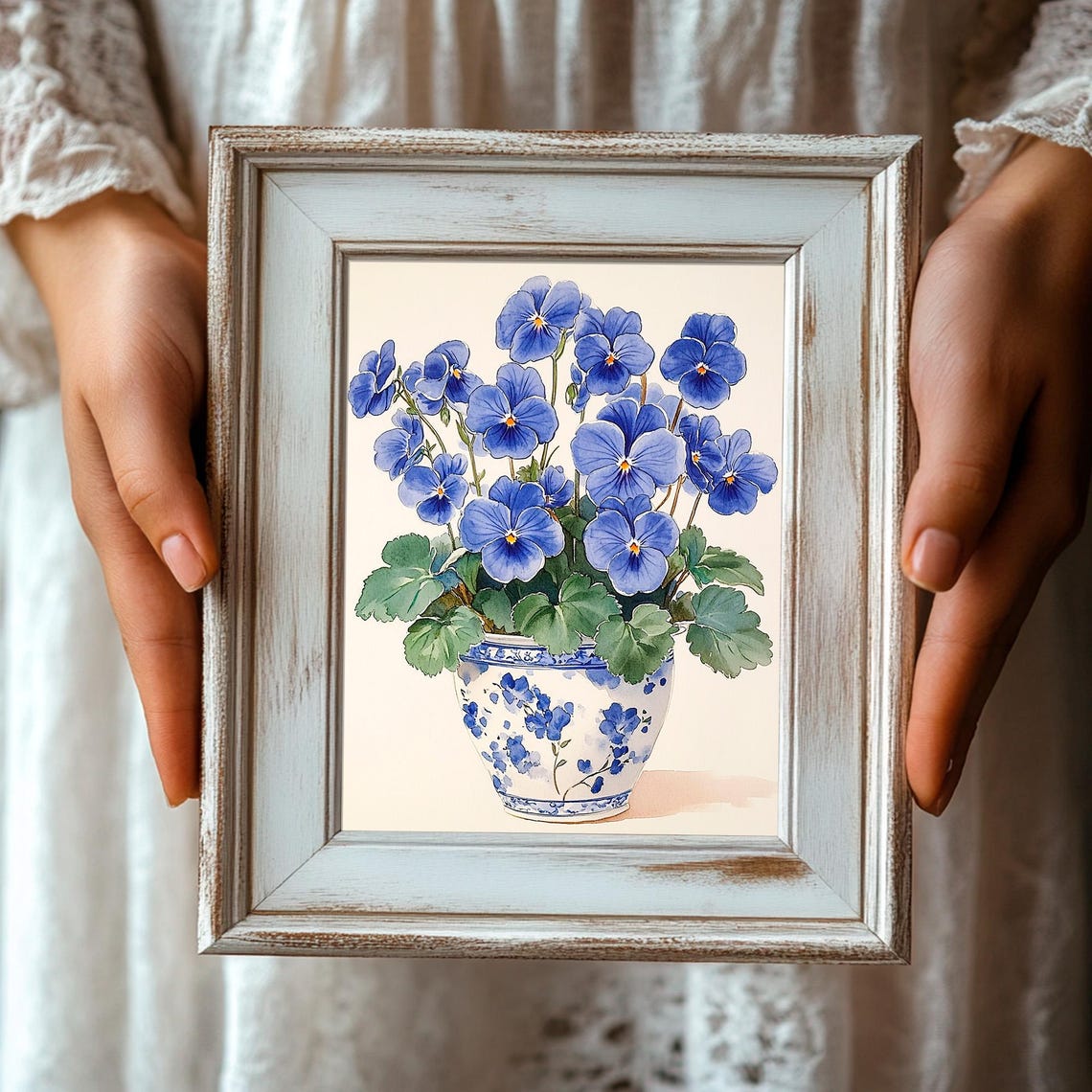 Blue Pansies In A Blue And White Chinoiserie Vase Watercolor Poster - Image 3