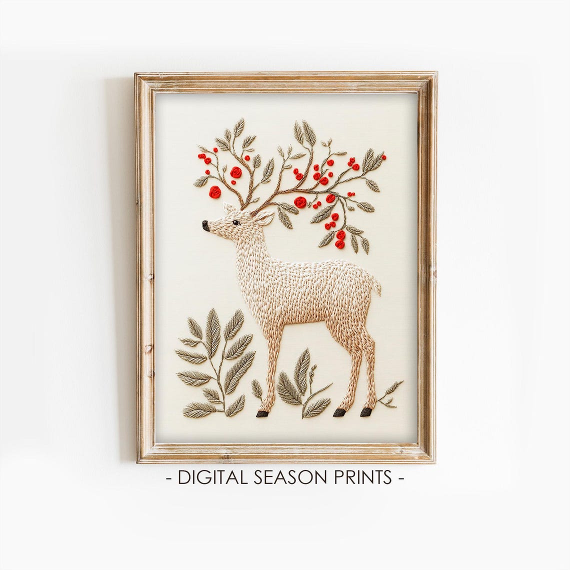 Embroidered White Deer Berry Antlers Winter Folk Textured Art Poster