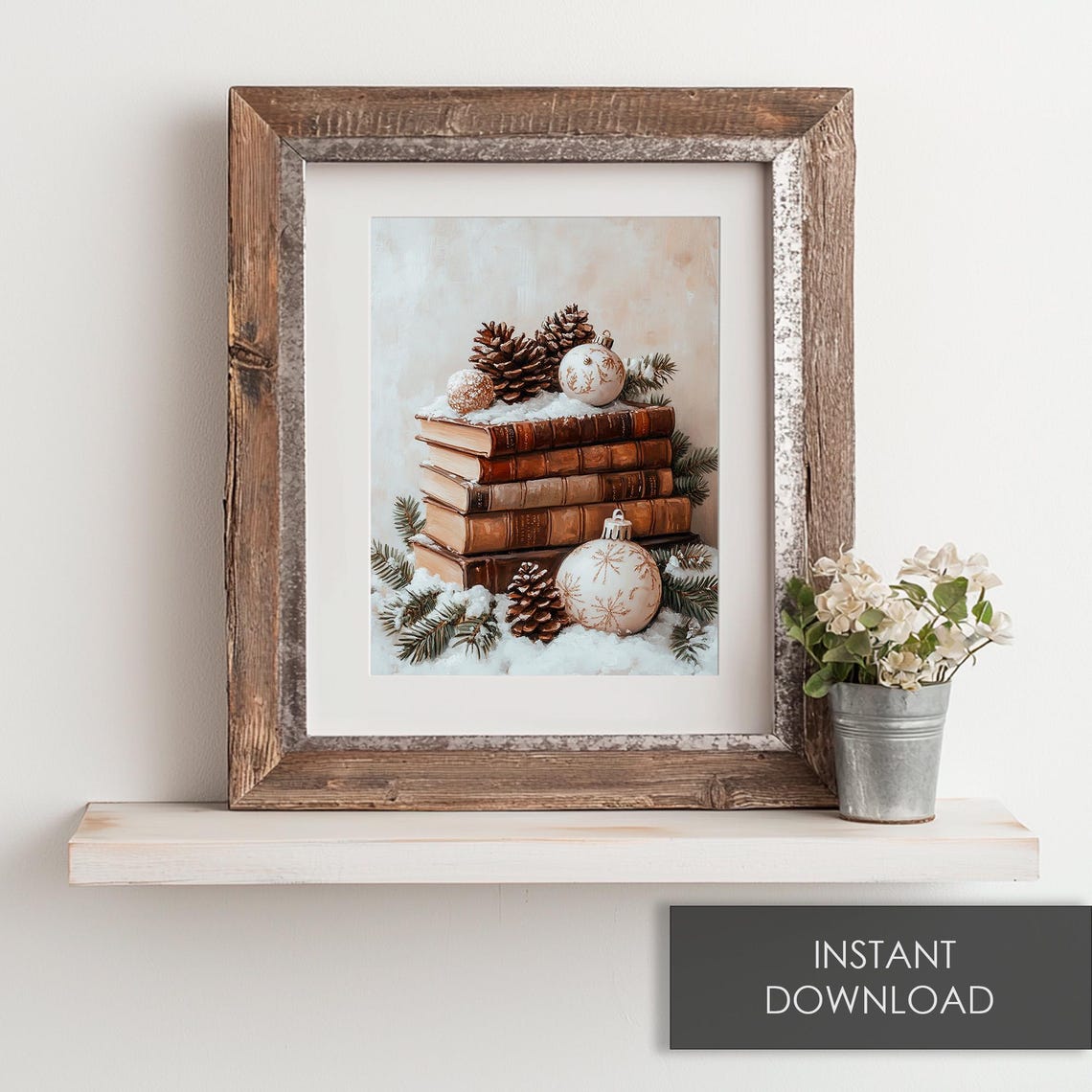 Stack of Vintage Books with Snow Pinecones and Ornaments Winter Poster - Image 6