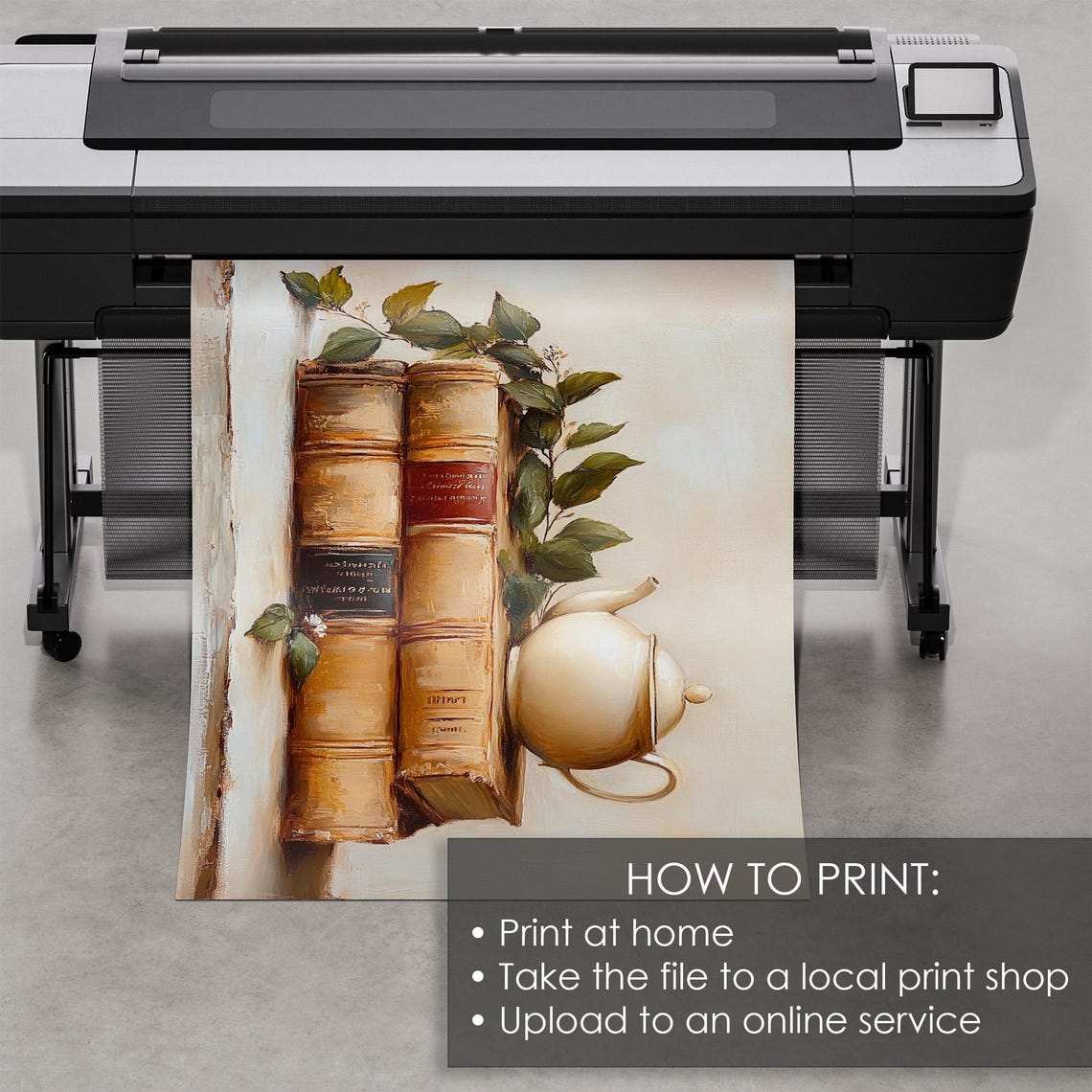 White Teapot Resting On Stacked Antique Books With Greenery Poster - Image 5