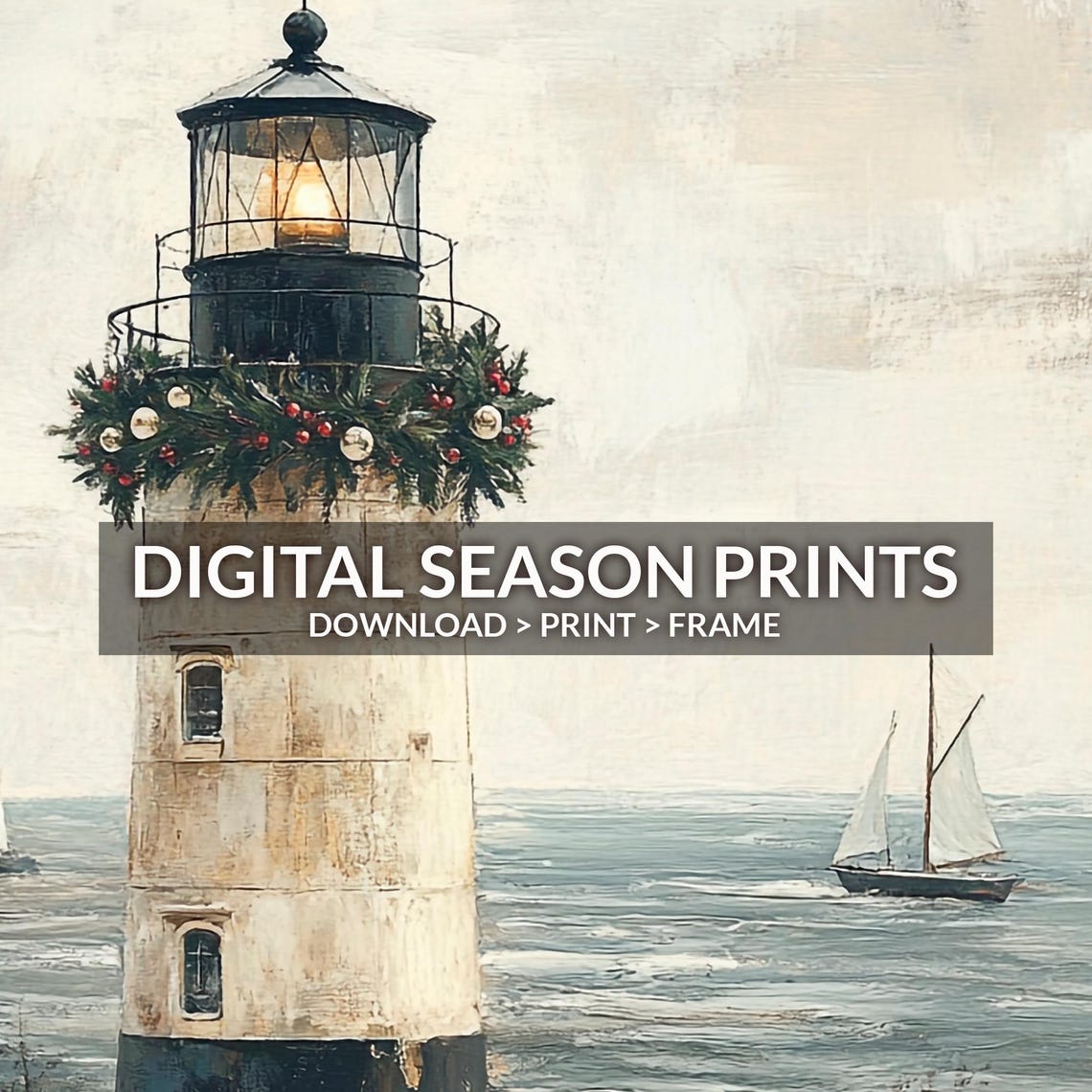 Coastal Lighthouse Christmas Garland Sailboat Winter Seascape Print - Image 6