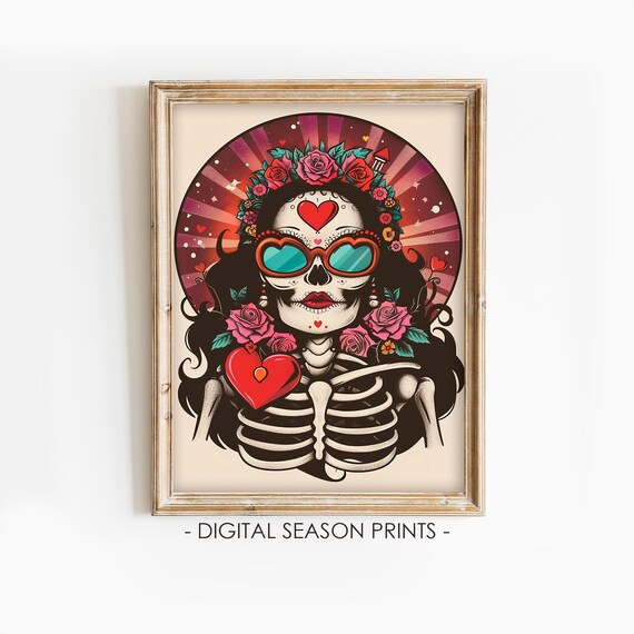 La Calavera Catrina Heart Sunglasses Roses Day of the Dead Skull Poster
