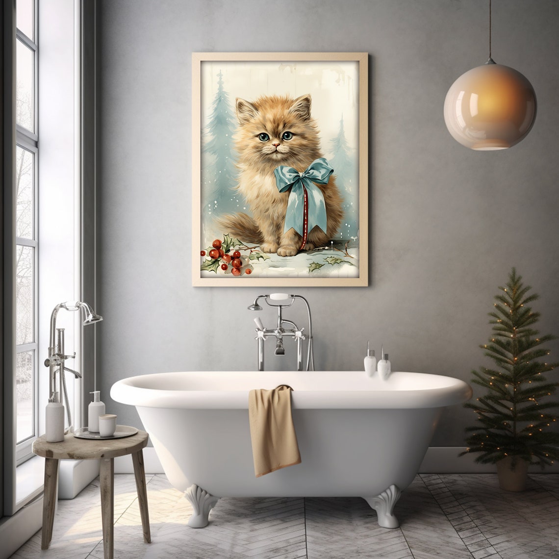 Fluffy Ginger Kitten Blue Bow Holly Berries Christmas Cat Art Poster - Image 5
