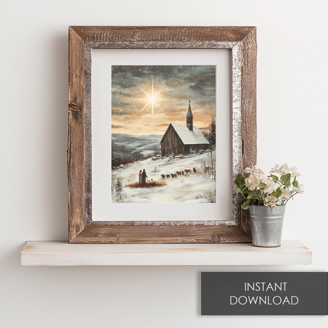 Christmas Star Nativity Scene Snowy Chapel Shepherds Sheep Poster - Image 6