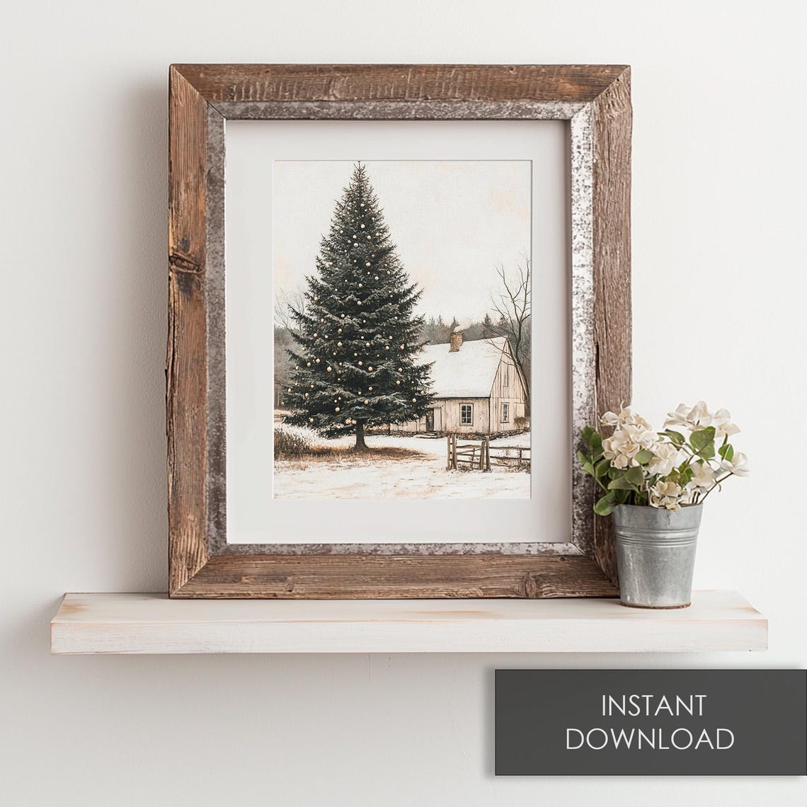 Rustic Cabin with a Tall Decorated Christmas Tree in Snow Poster - Image 6