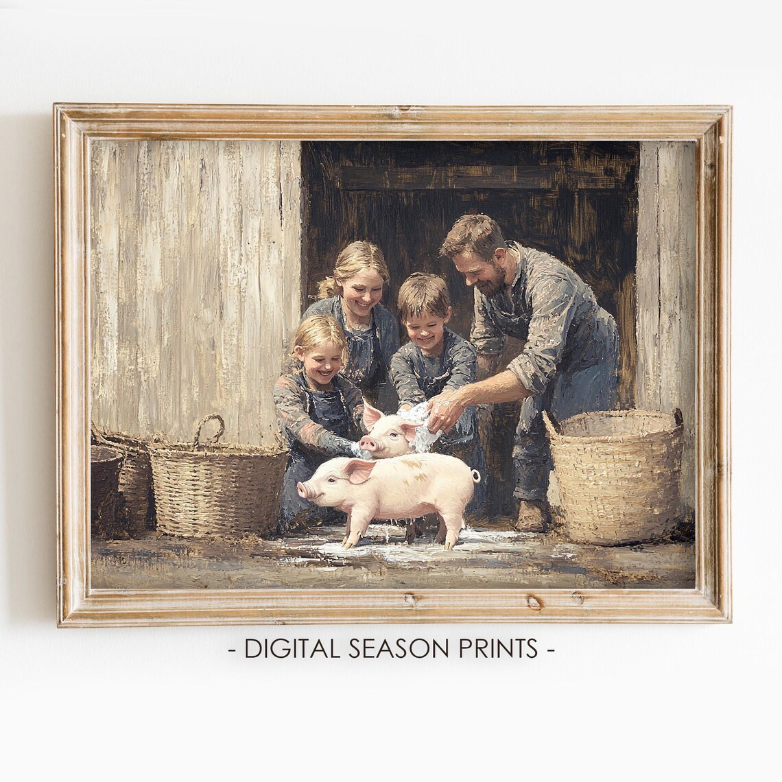 Family Washing Piglets at Barn Door Vintage Farm Life Painting Poster