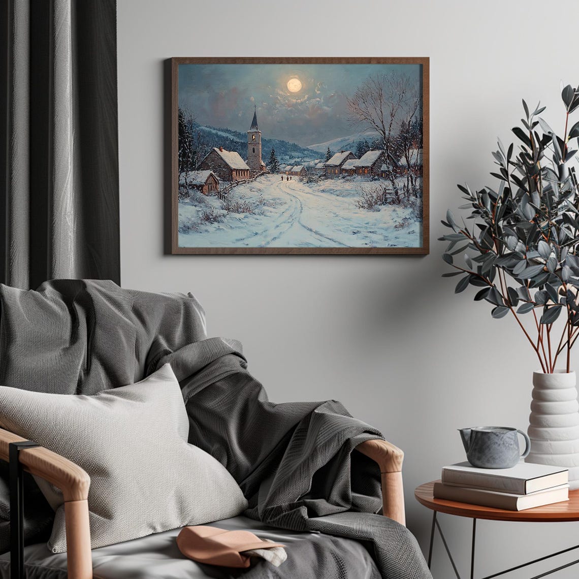 Moonlit Snowy Village With Church Night Mountains Christmas Print - Image 4