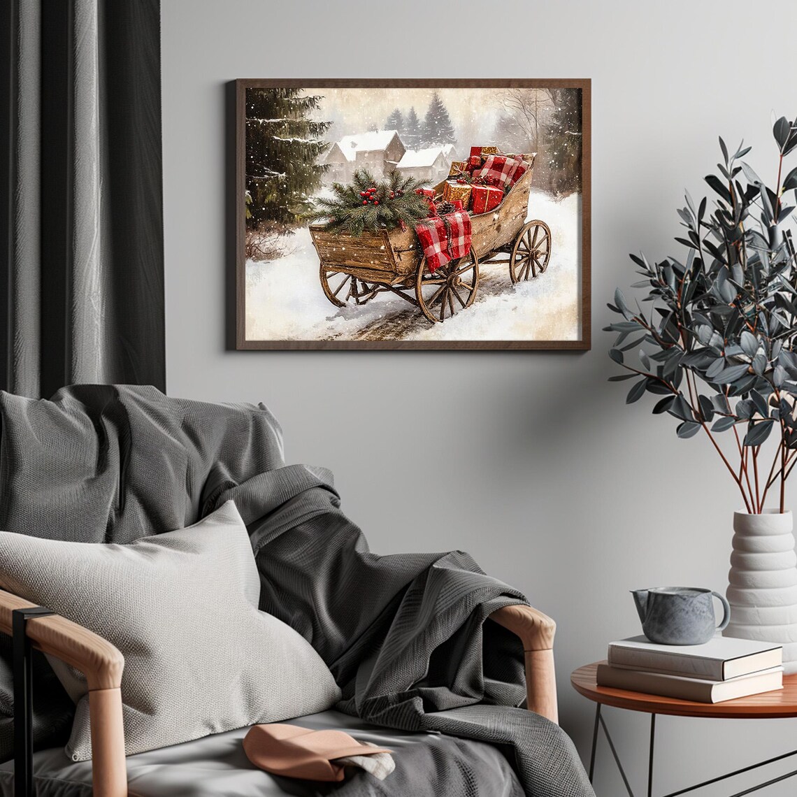 Vintage Winter Sleigh Christmas Art Print, Rustic Decor - Image 4