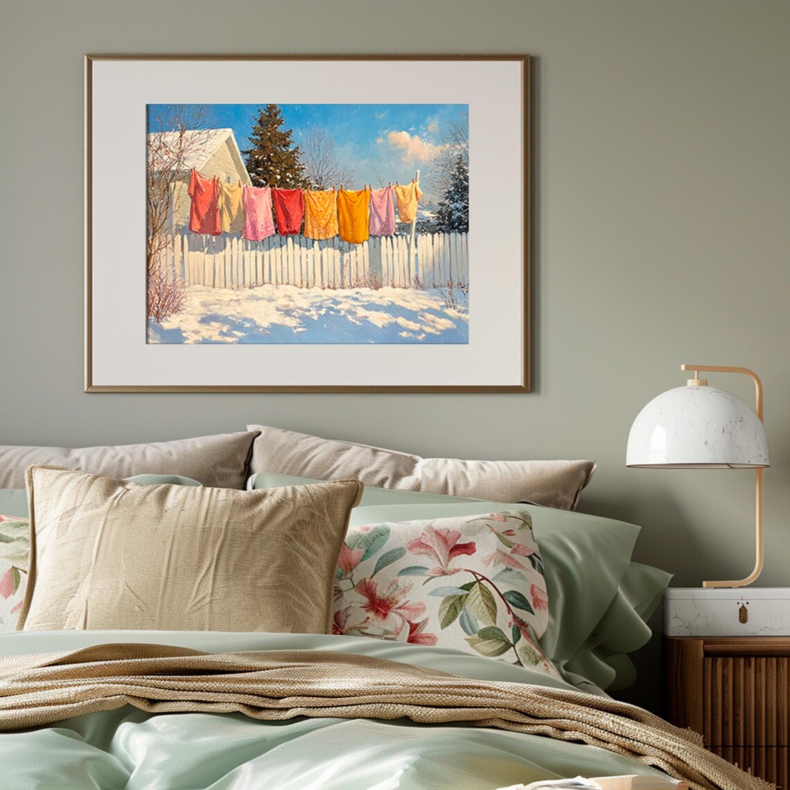 Colorful Laundry on Clothesline Snowy Winter Farmhouse Wall Art - Image 4