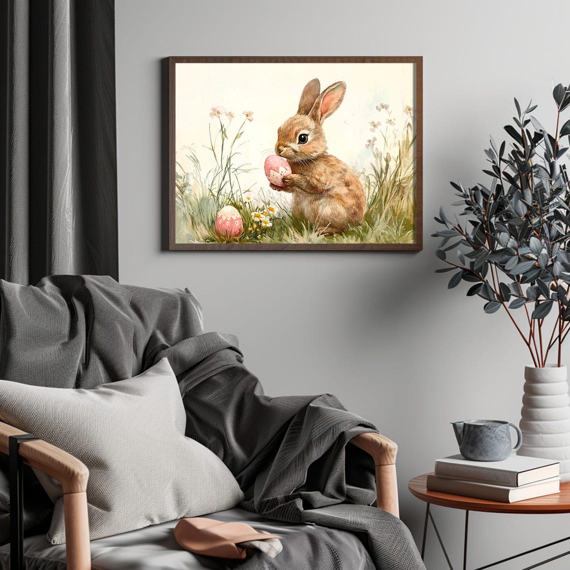 Easter Bunny Holding Pink Egg In Wildflower Meadow Vintage Poster - Image 4