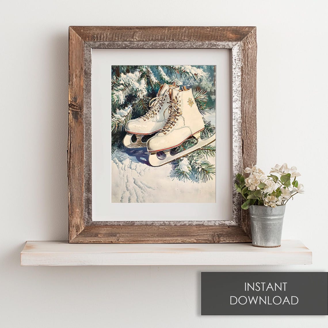 Vintage White Ice Skates On Snowy Pine Branches Holiday Painting Print - Image 6