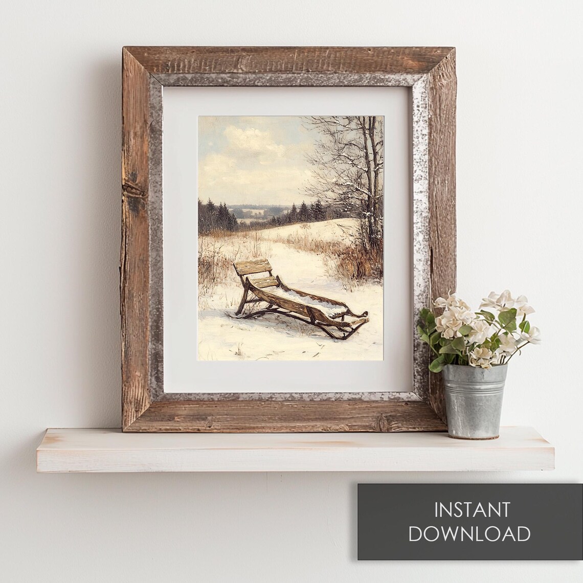 Antique Wooden Sled Snowy Field Vintage Winter Scene Art Poster - Image 6
