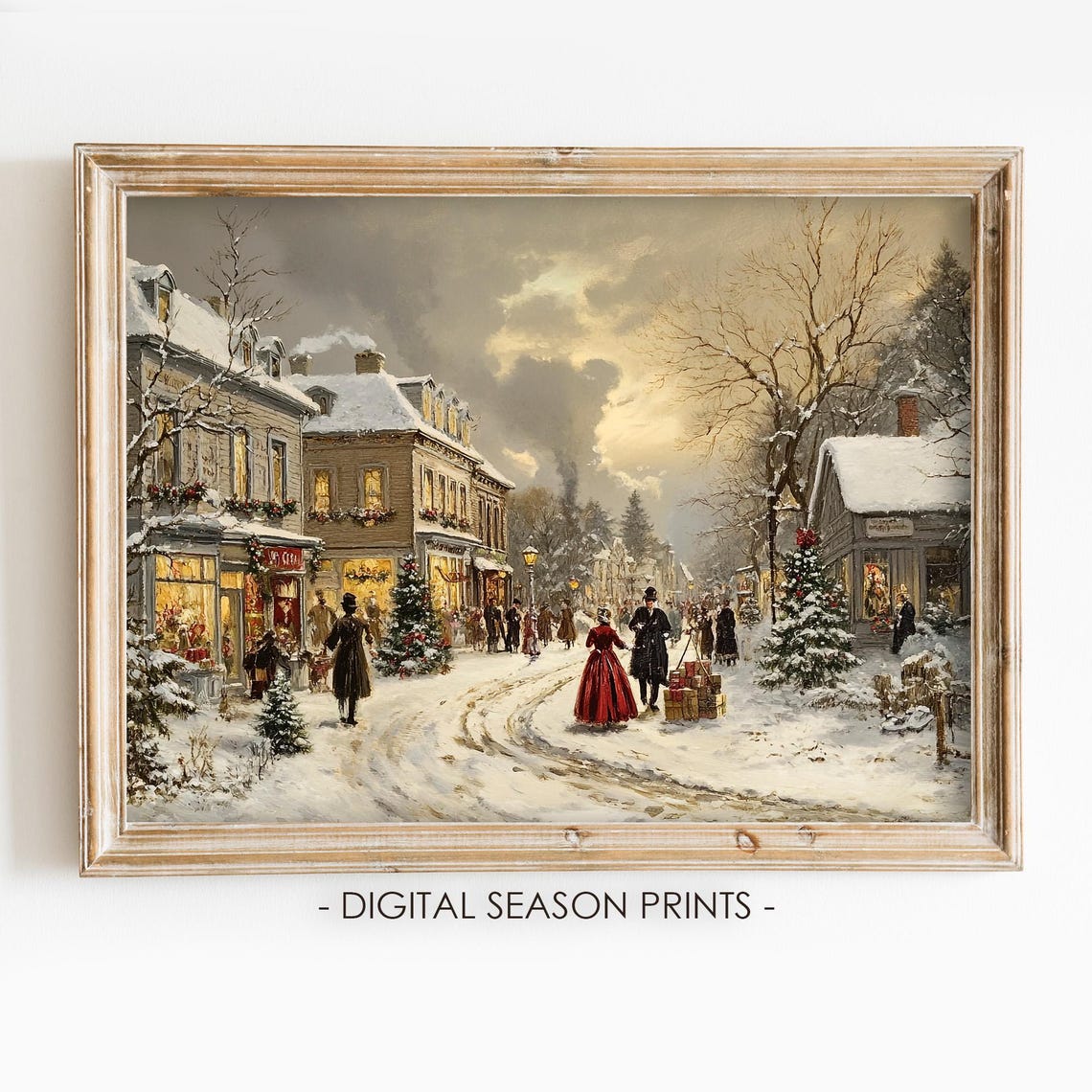 Victorian Christmas Town Snowy Street With Festive Shops Poster