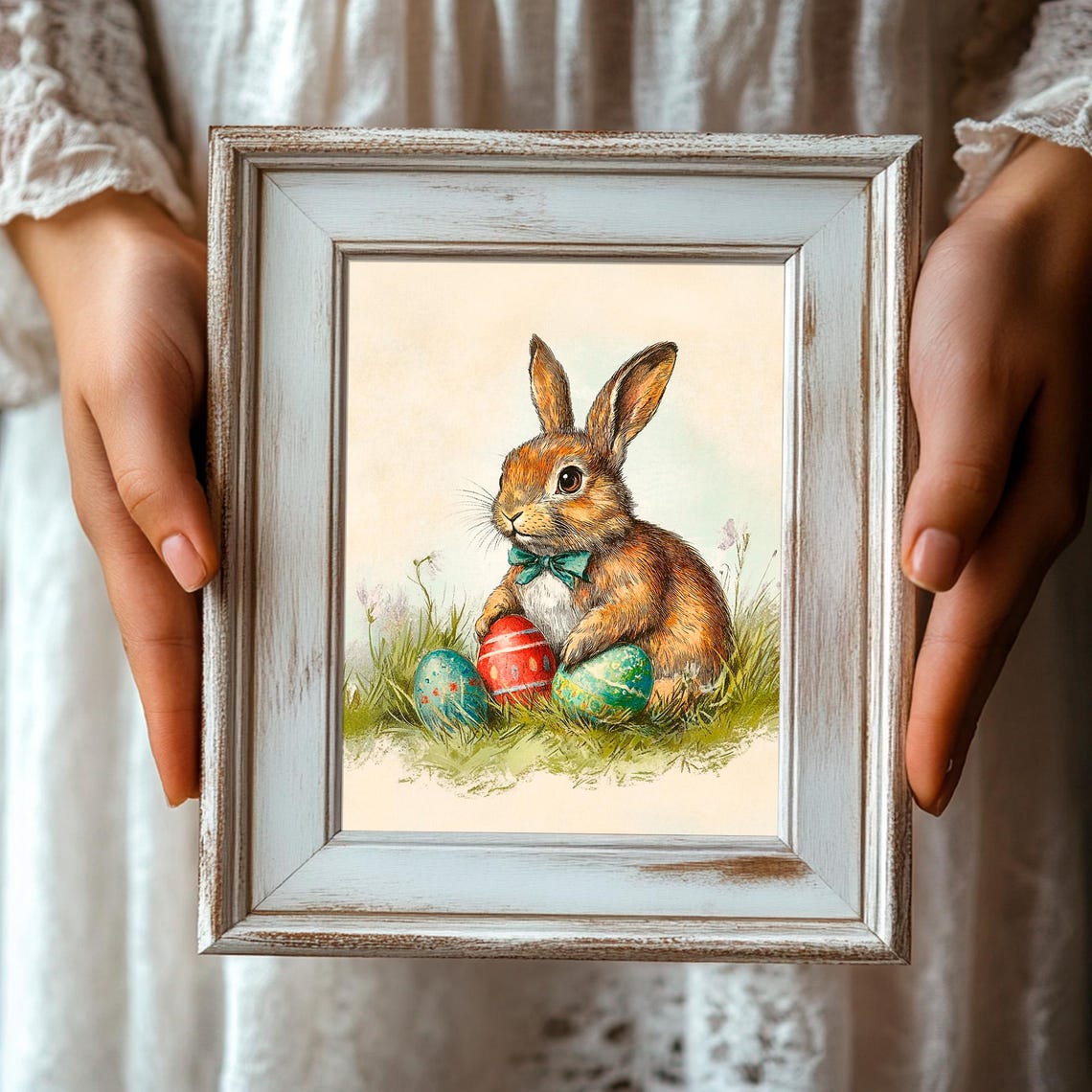 Easter Bunny With Bow Tie And Painted Eggs In Spring Grass Poster - Image 3