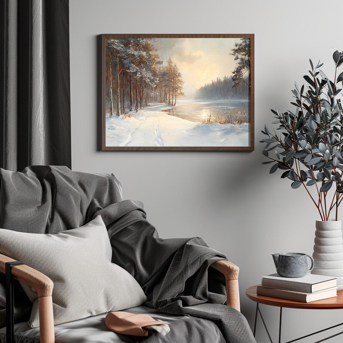 Snowy Winter Forest Pond Landscape Sunrise Oil Painting Wall Art - Image 4
