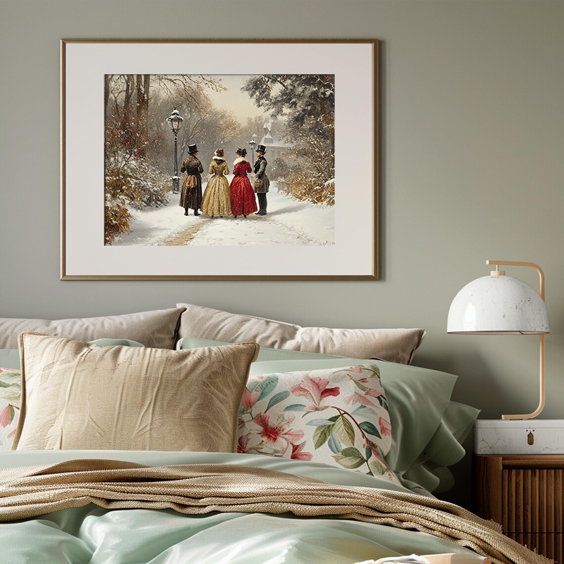 Victorian Couples Winter Stroll Snowy Park Antique Christmas Art Print - Image 3