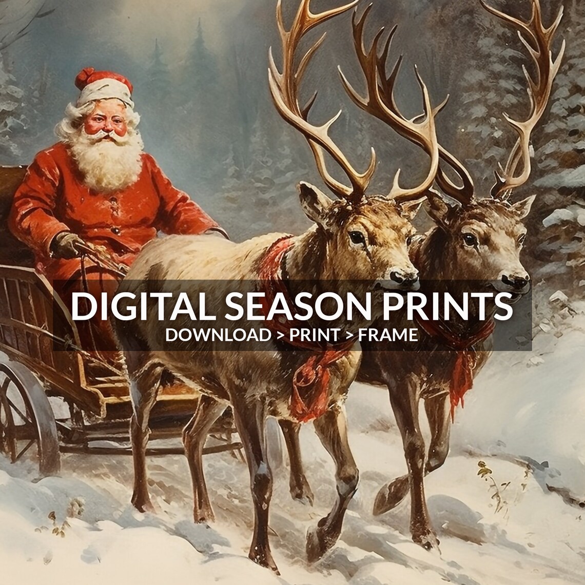 Vintage Santa Claus Sleigh Ride Reindeer Team Snowy Forest Poster - Image 6