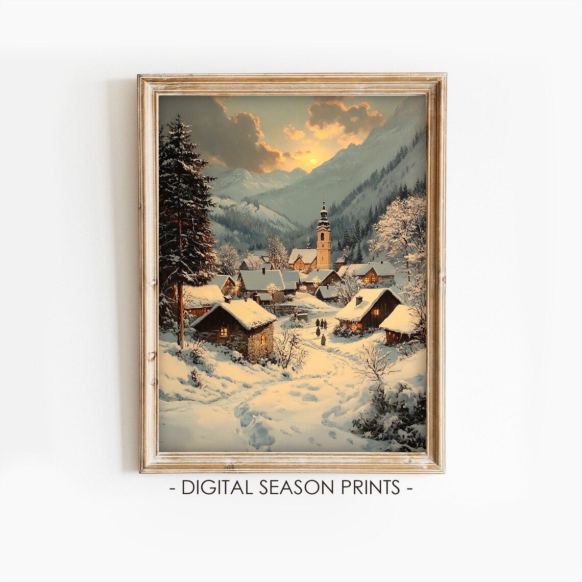 Silent Night Snowy Alpine Village Church Winter Evening Poster