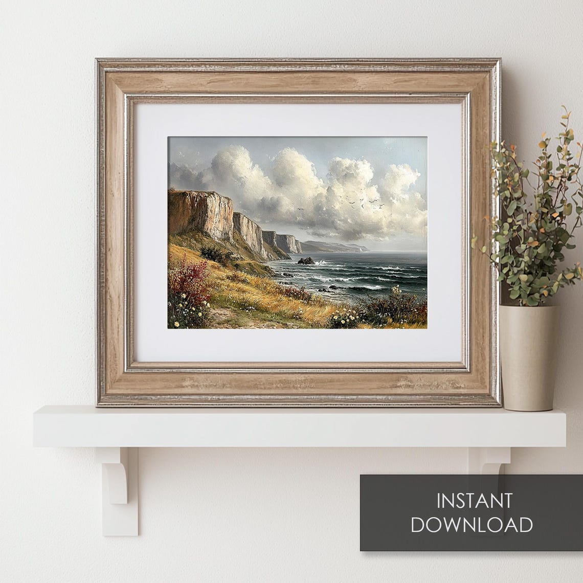 White Sea Cliffs Dramatic Clouds Wildflowers Coastal Painting Poster - Image 6