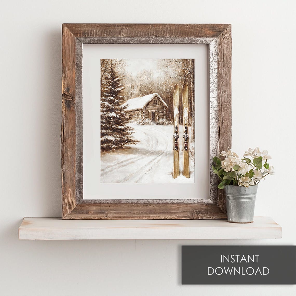 Rustic Log Cabin With Vintage Skis In Snow Winter Christmas Poster - Image 6