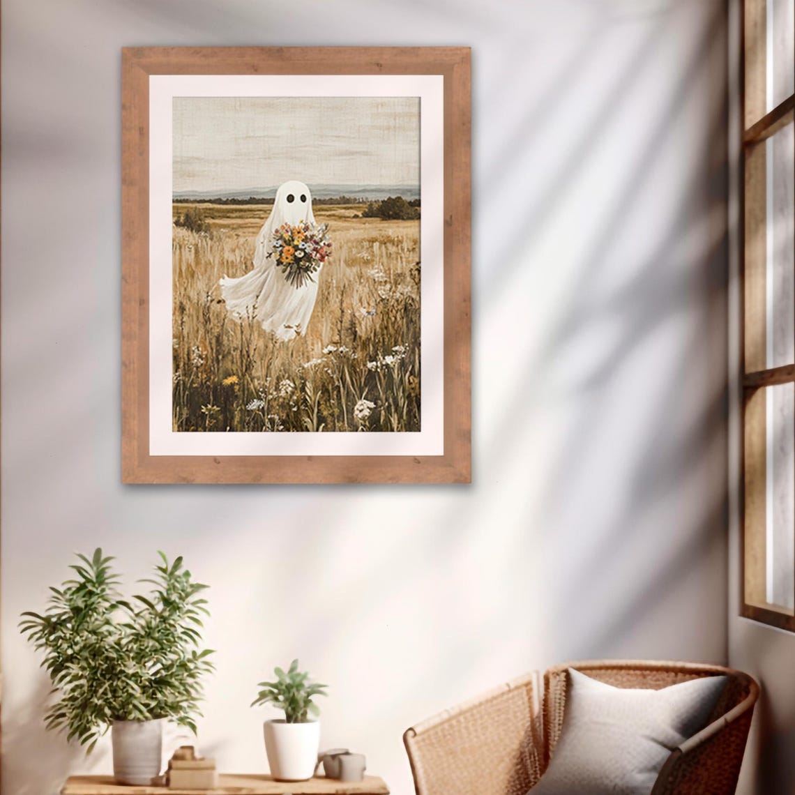Cute Sheet Ghost Flower Bouquet Wildflower Field Halloween Art Poster - Image 2