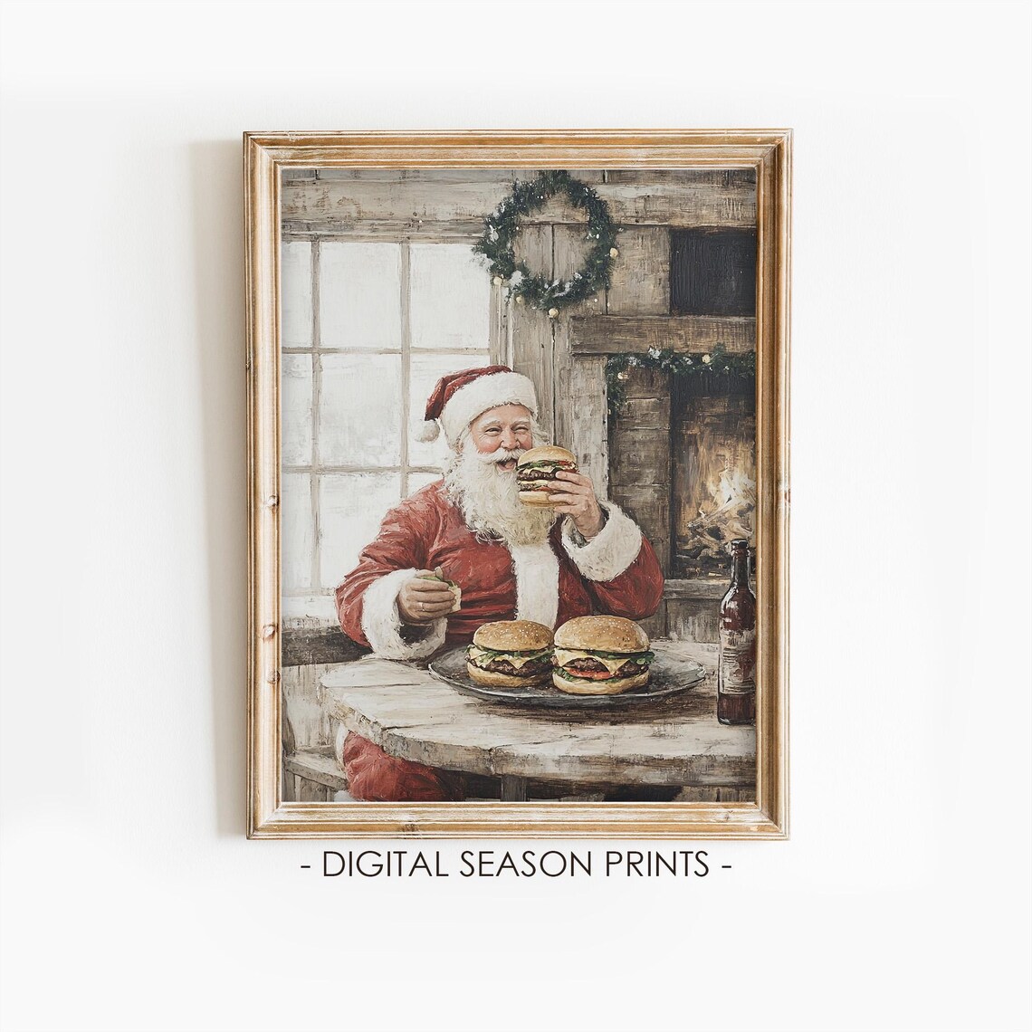 Santa Claus Eating Burgers Rustic Cabin Christmas Holiday Print