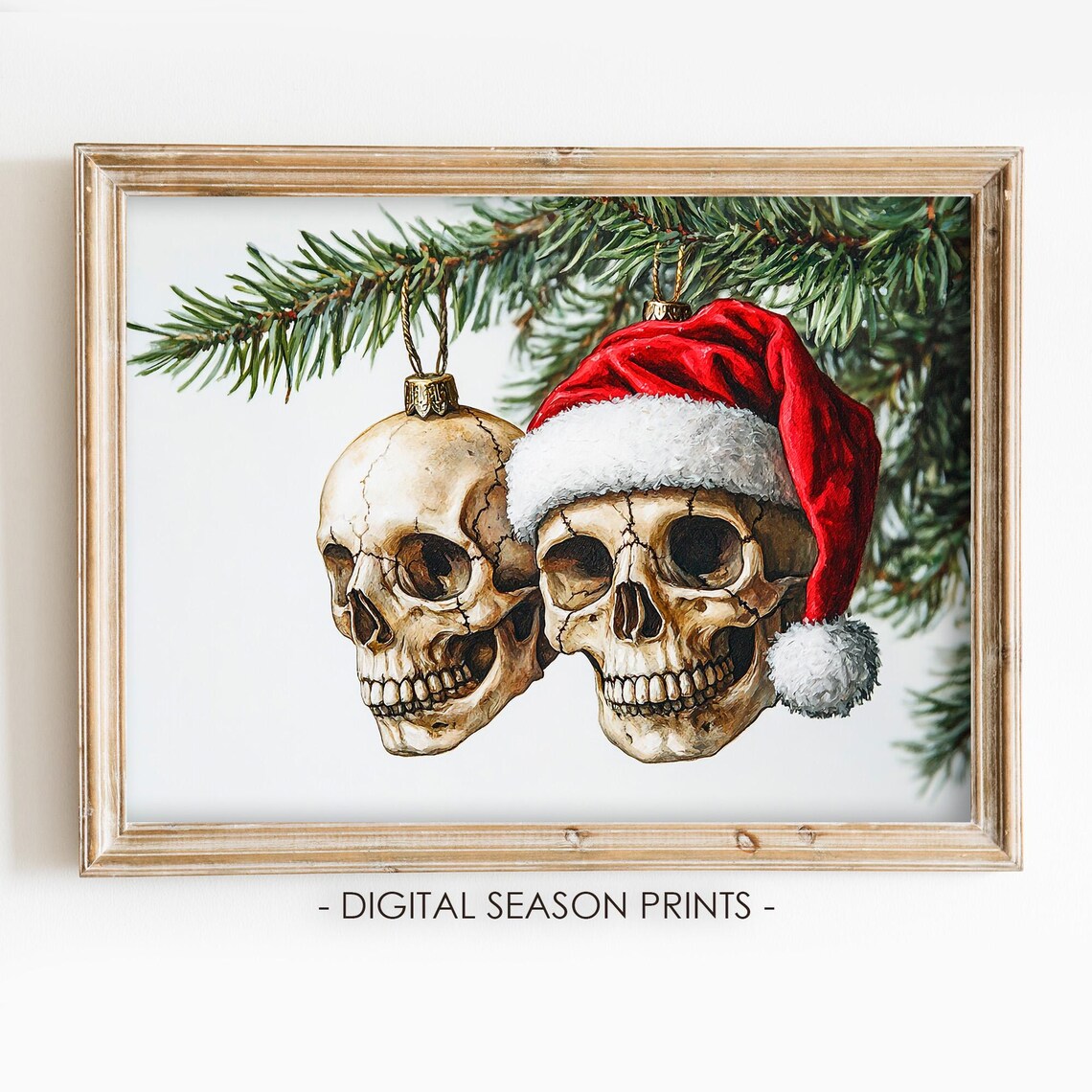 Gothic Skull Christmas Ornaments With Santa Hat Dark Holiday Poster