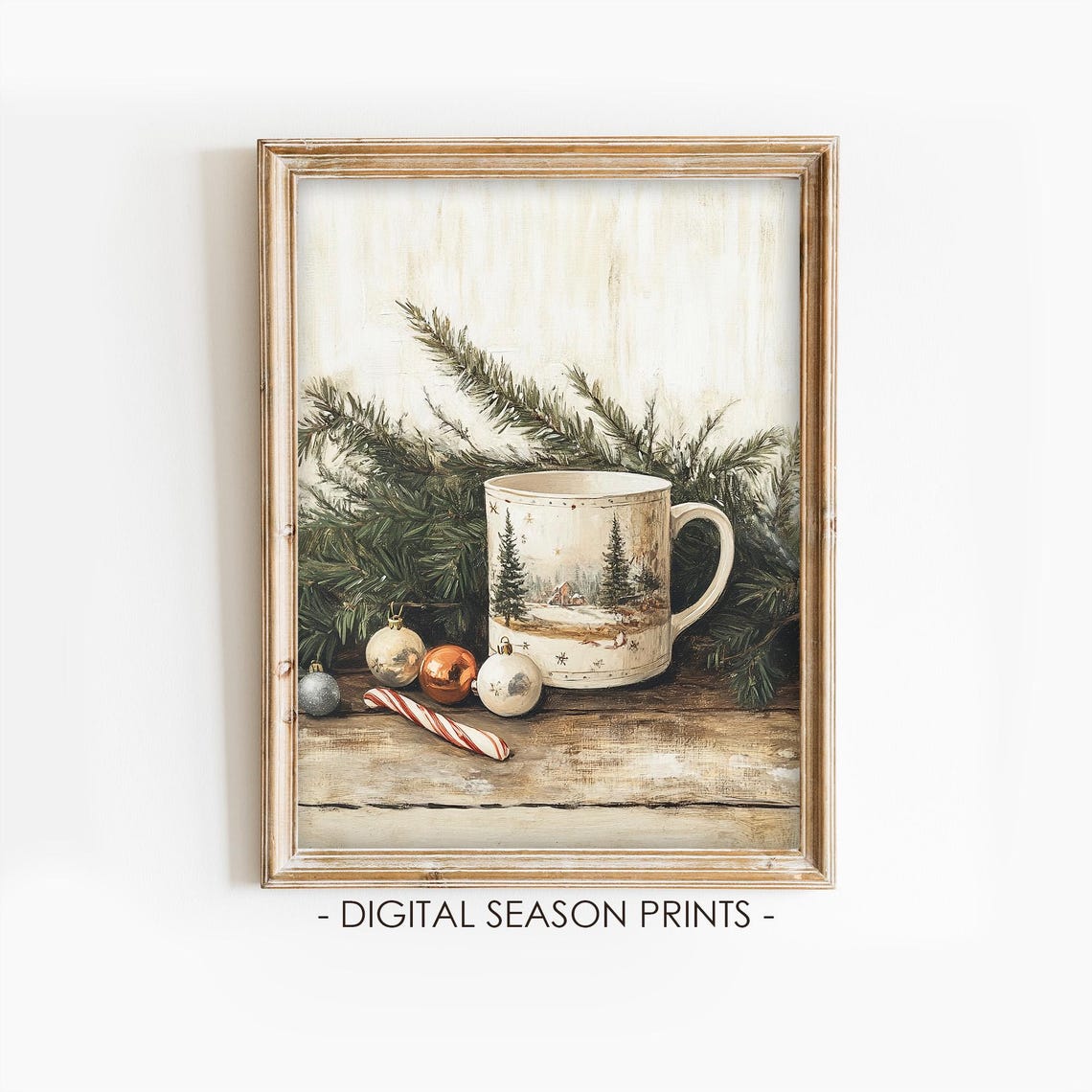 Christmas Cocoa Mug Ornaments Candy Cane Cozy Holiday Still Life Print