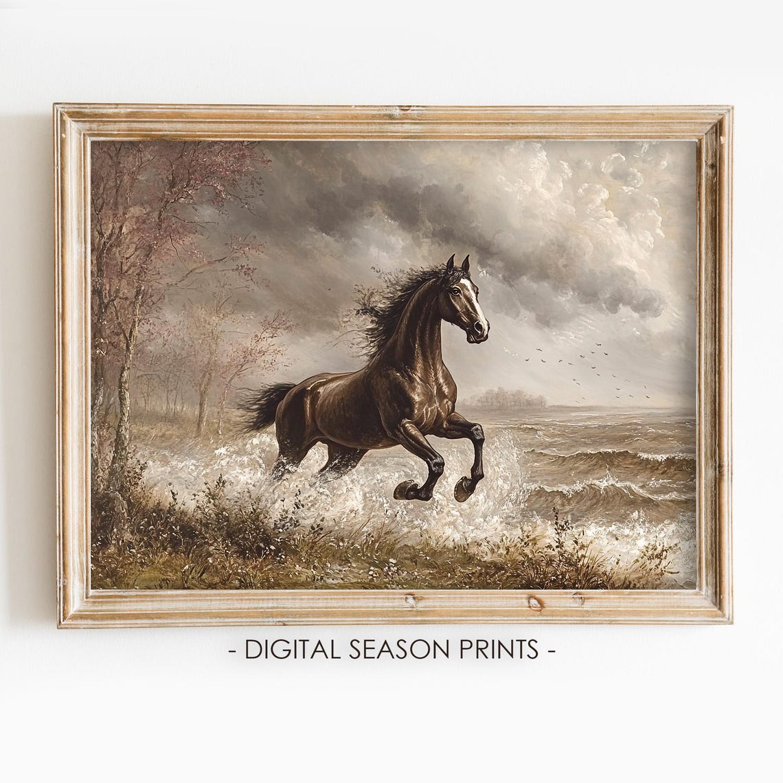 Wild Dark Horse Galloping Through Ocean Surf In A Storm Poster