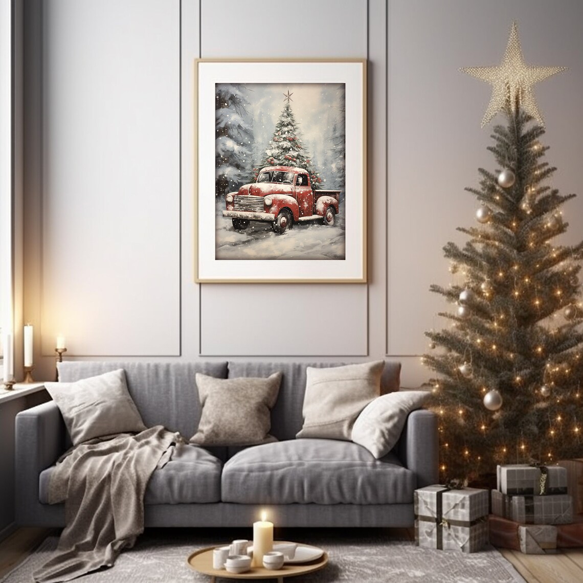 Red Vintage Truck Christmas Tree Snowy Road Retro Holiday Art Print - Image 4